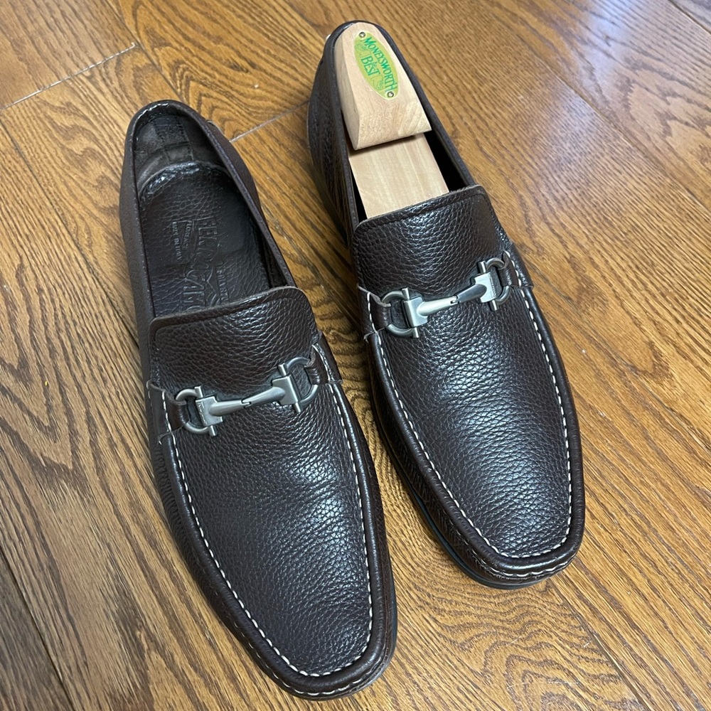 Salvatore Ferragamo Dark Brown Leather Loafers with Silver Accent